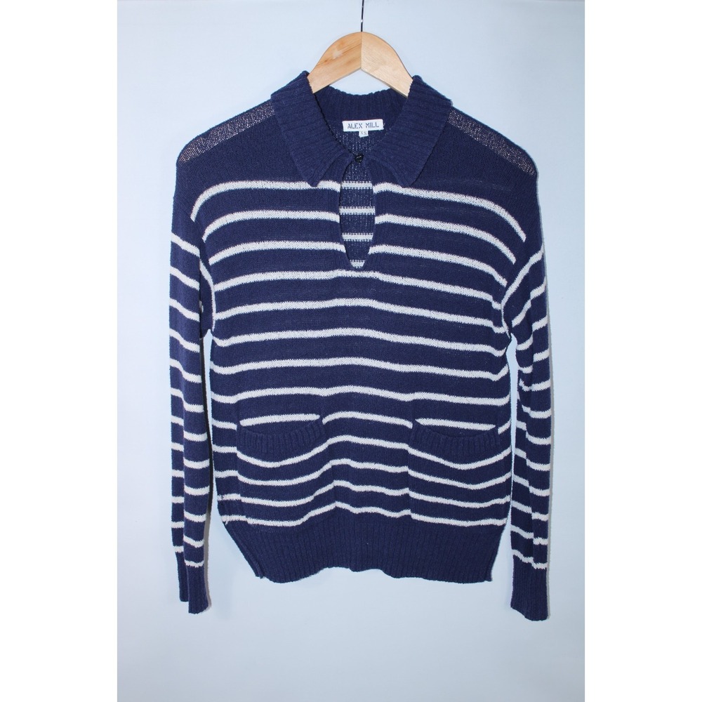 Alex Mill Women's XS Navy Blue White Knit Preppy Collared Sweater
